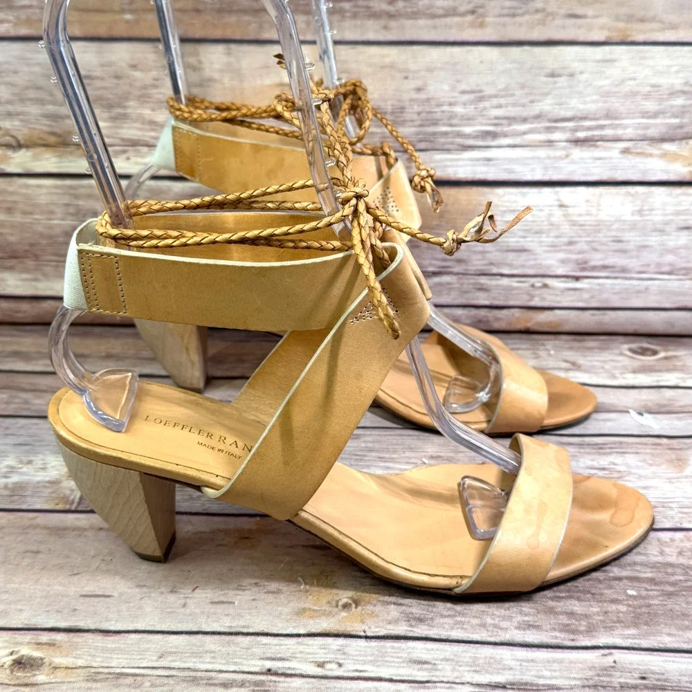 Loeffler Randall Womens Tan Leather Wooden Heel Open Toe Sandals 10